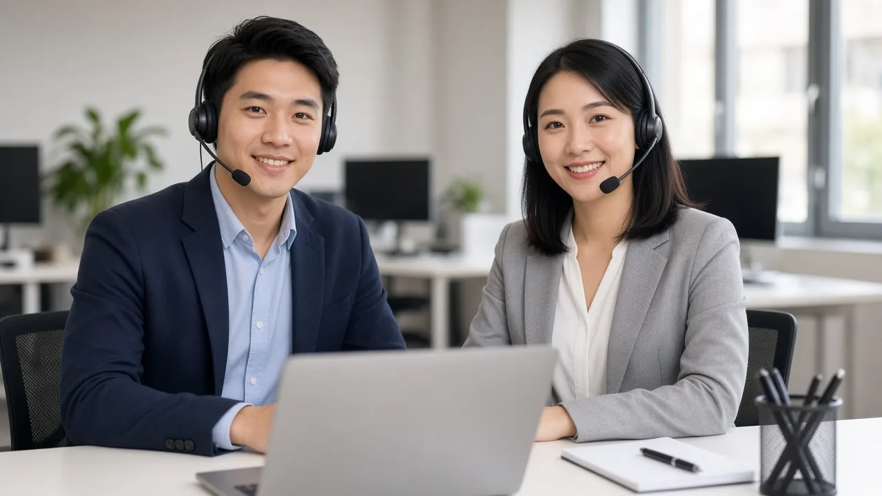 Asian male and female customer service agents with headsets smiling at the camera