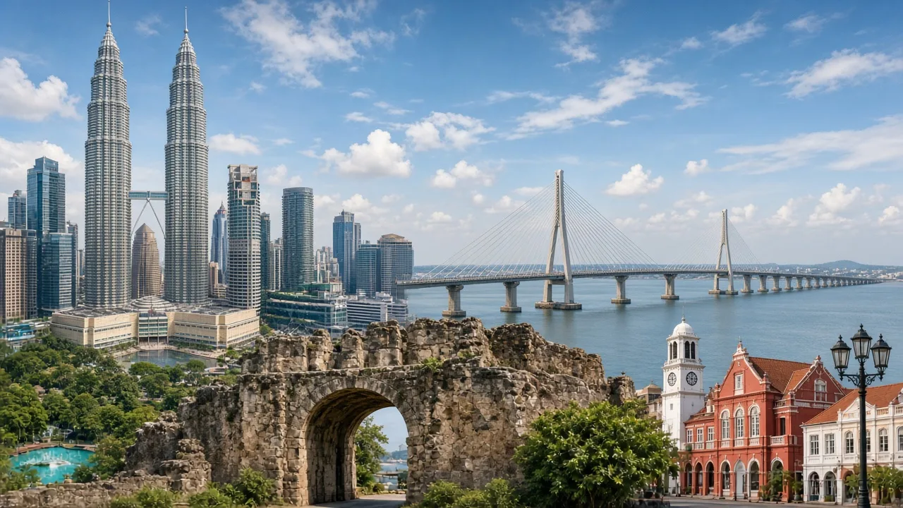 Malaysia landmarks collage: Petronas Twin Towers, Penang Bridge, and Melaka A Famosa