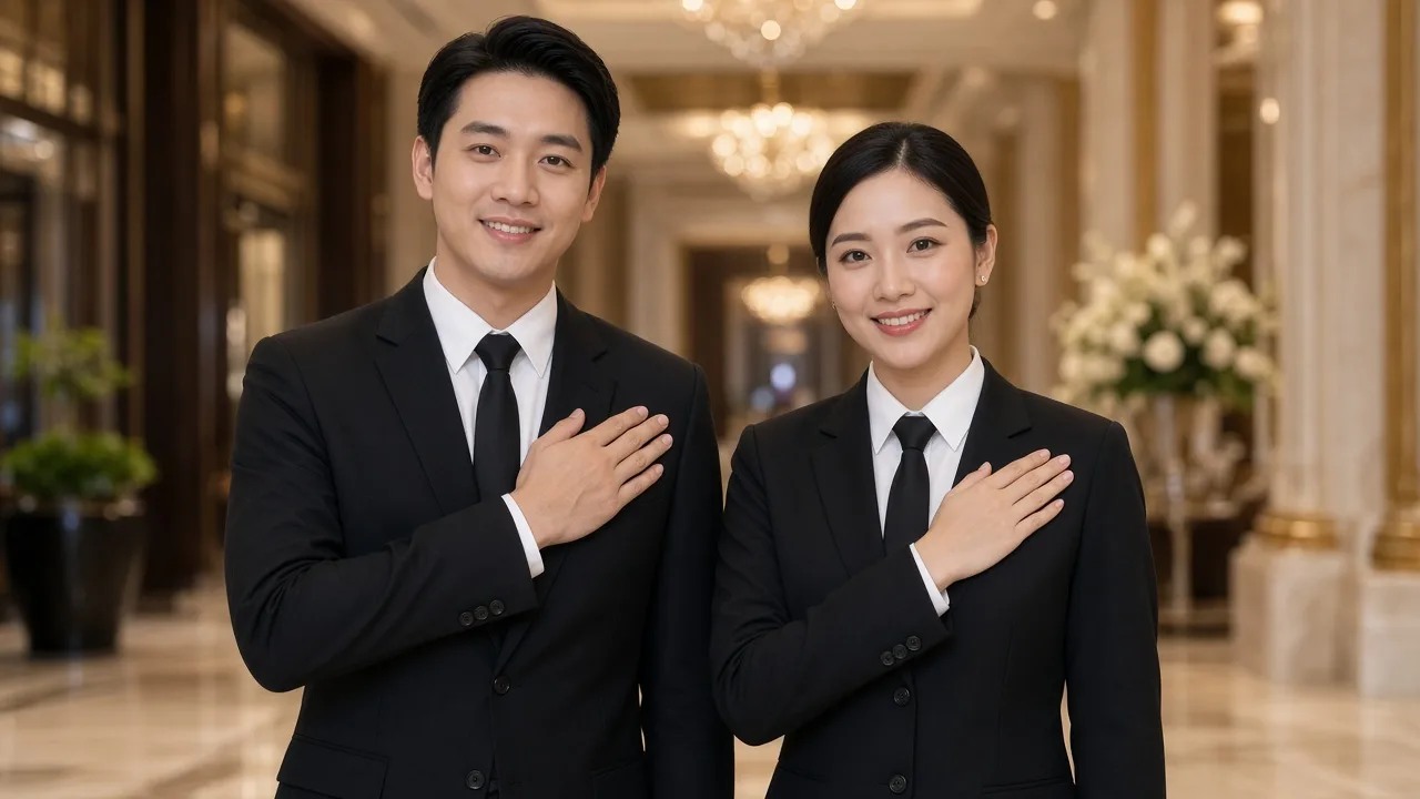 Asian male and female professional butlers smiling with Malaysian hospitality gesture